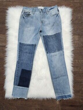 Free People FP Patchwork Denim Jeans Size 27 Light Dark Wash Raw Hem High Rise